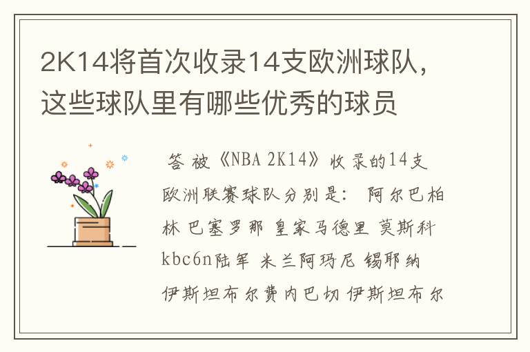 2K14将首次收录14支欧洲球队,这些球队里有哪些优秀的球员
