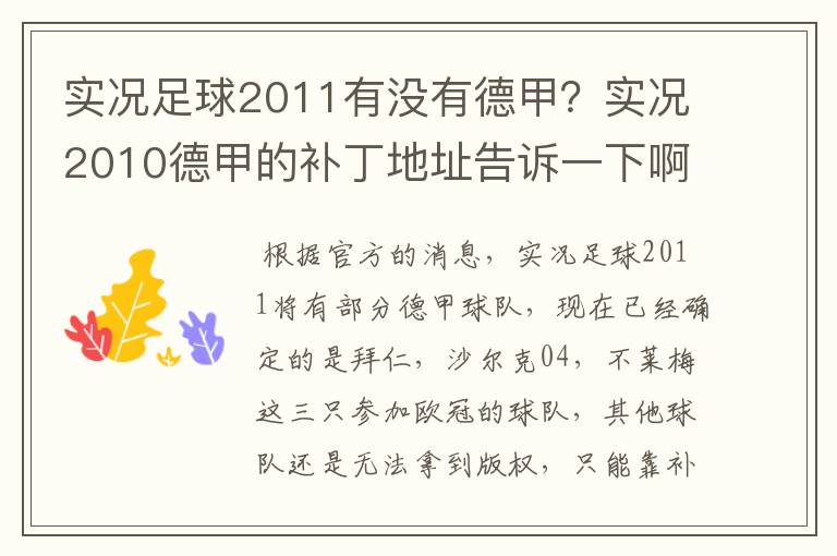 实况足球2011有没有德甲?实况2010德甲的补丁地址告诉一下啊