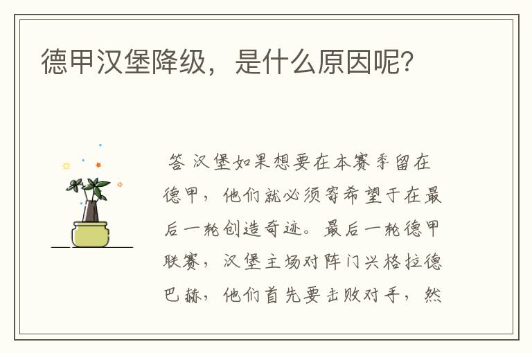 德甲汉堡降级,是什么原因呢?