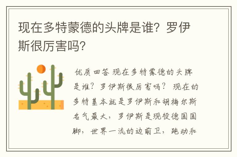 现在多特蒙德的头牌是谁？罗伊斯很厉害吗？