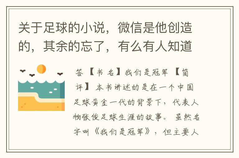 关于足球的小说,微信是他创造的,其余的忘了,有么有人知道叫啥