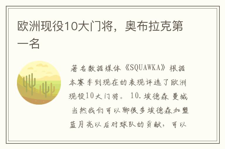 欧洲现役10大门将,奥布拉克第一名