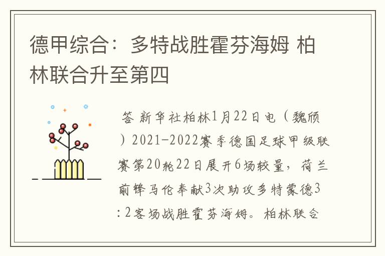 德甲综合:多特战胜霍芬海姆 柏林联合升至第四