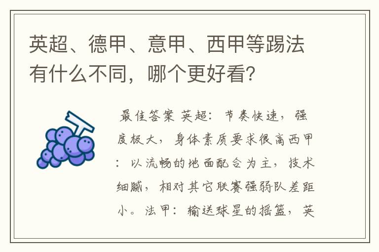 英超、德甲、意甲、西甲等踢法有什么不同,哪个更好看?