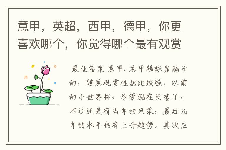 意甲,英超,西甲,德甲,你更喜欢哪个,你觉得哪个最有观赏性