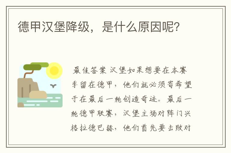 德甲汉堡降级,是什么原因呢?