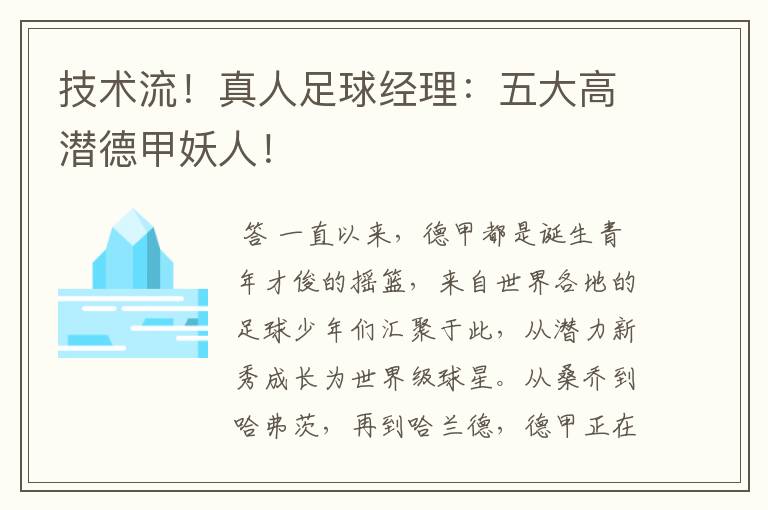 技术流!真人足球经理:五大高潜德甲妖人!
