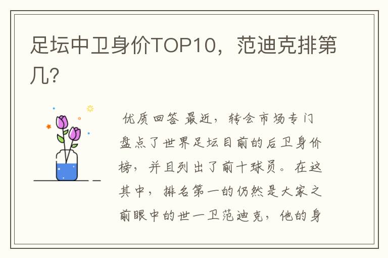 足坛中卫身价TOP10，范迪克排第几？