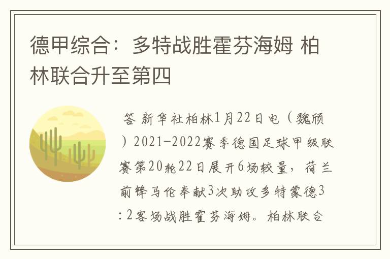 德甲综合:多特战胜霍芬海姆 柏林联合升至第四