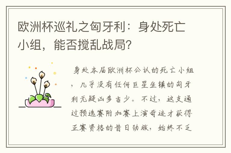 欧洲杯巡礼之匈牙利:身处死亡小组,能否搅乱战局?
