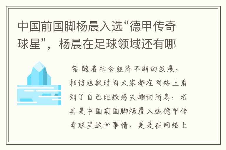 中国前国脚杨晨入选“德甲传奇球星”,杨晨在足球领域还有哪些成就?