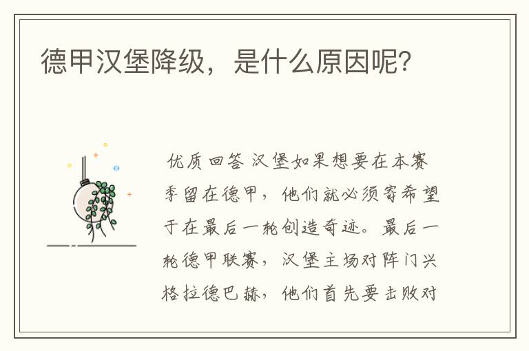 德甲汉堡降级,是什么原因呢?