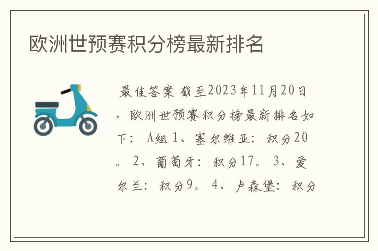 欧洲世预赛积分榜最新排名
