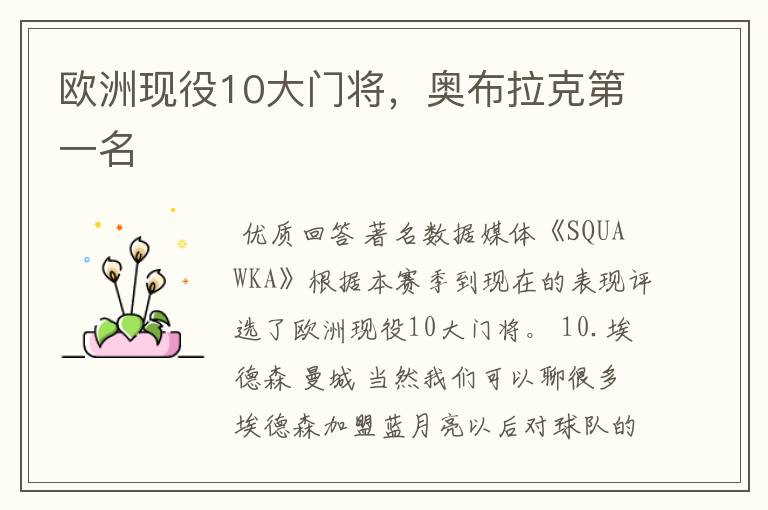 欧洲现役10大门将,奥布拉克第一名