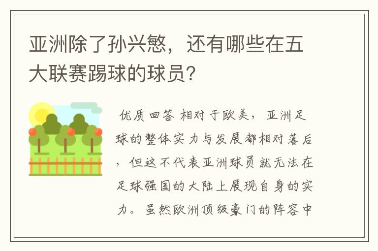 亚洲除了孙兴慜,还有哪些在五大联赛踢球的球员?