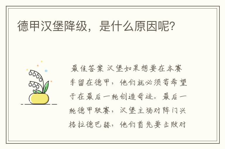 德甲汉堡降级,是什么原因呢?