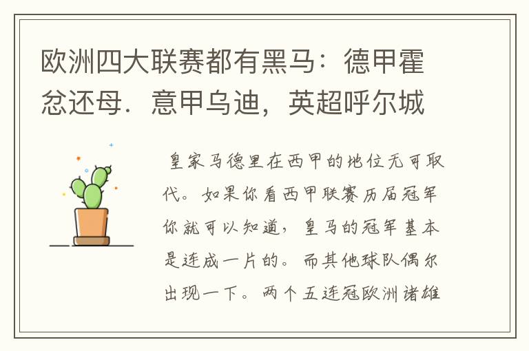 欧洲四大联赛都有黑马:德甲霍忿还母.意甲乌迪,英超呼尔城,西甲皇家马德里