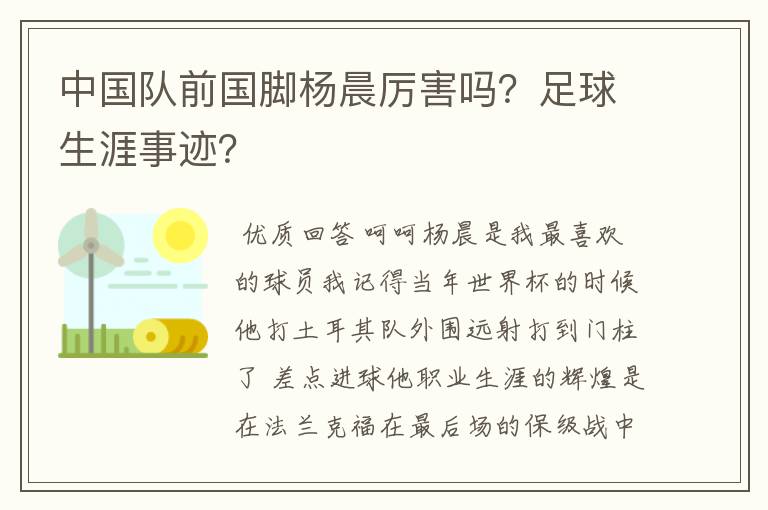 中国队前国脚杨晨厉害吗?足球生涯事迹?