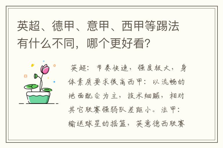 英超、德甲、意甲、西甲等踢法有什么不同,哪个更好看?