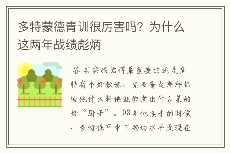 多特蒙德青训很厉害吗?为什么这两年战绩彪炳