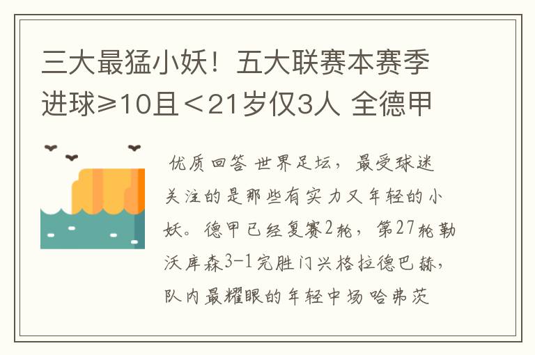三大最猛小妖!五大联赛本赛季进球≥10且<21岁仅3人 全德甲制造