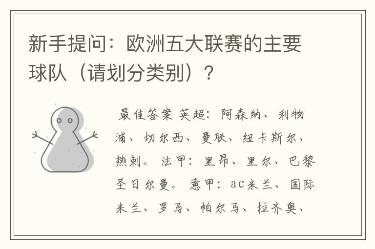 新手提问:欧洲五大联赛的主要球队(请划分类别)?