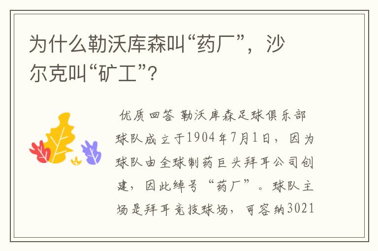 为什么勒沃库森叫“药厂”,沙尔克叫“矿工”?