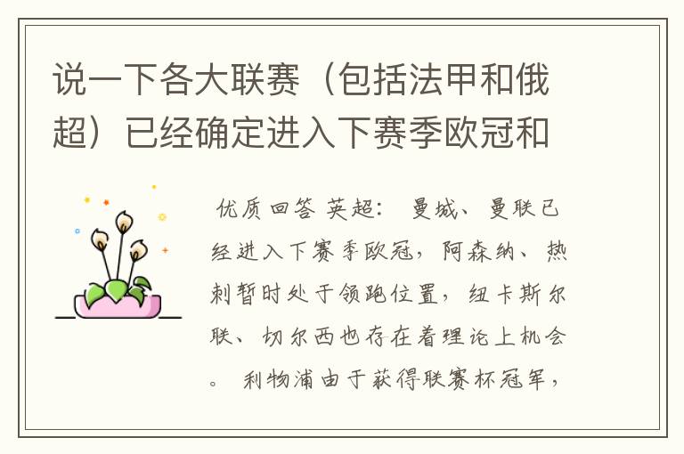 说一下各大联赛(包括法甲和俄超)已经确定进入下赛季欧冠和欧联杯的球队