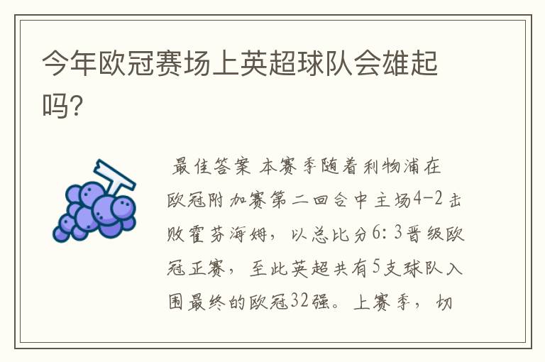 今年欧冠赛场上英超球队会雄起吗?
