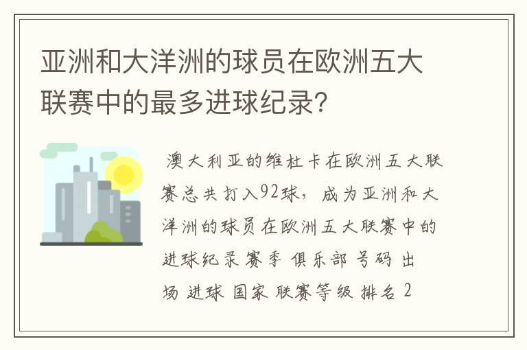 亚洲和大洋洲的球员在欧洲五大联赛中的最多进球纪录?