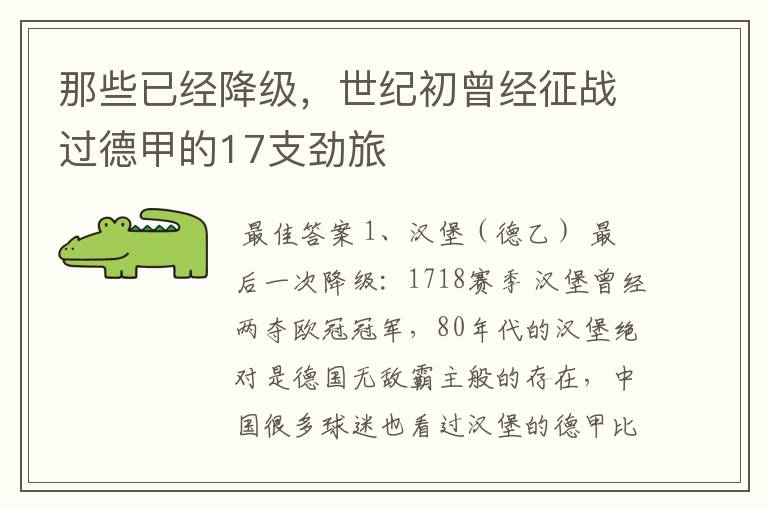 那些已经降级,世纪初曾经征战过德甲的17支劲旅