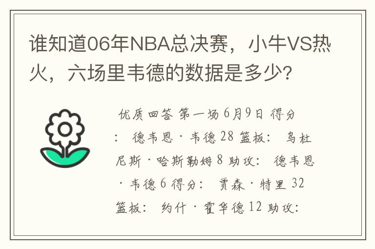 谁知道06年NBA总决赛,小牛VS热火,六场里韦德的数据是多少?