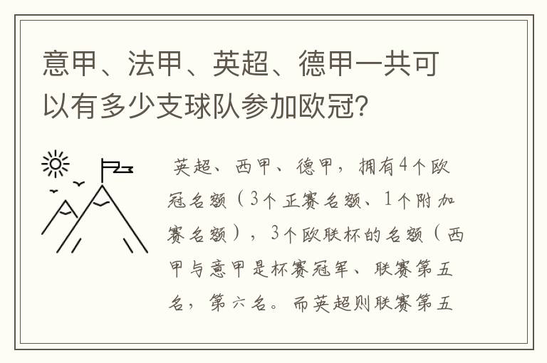 意甲、法甲、英超、德甲一共可以有多少支球队参加欧冠?