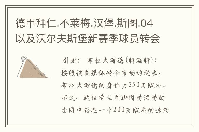 德甲拜仁.不莱梅.汉堡.斯图.04以及沃尔夫斯堡新赛季球员转会一览