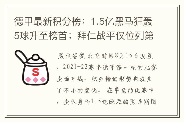 德甲最新积分榜：1.5亿黑马狂轰5球升至榜首；拜仁战平仅位列第7