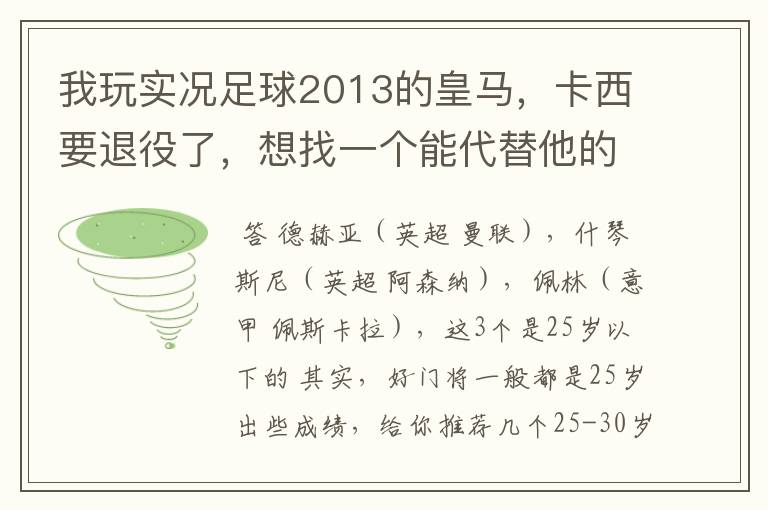 我玩实况足球2013的皇马,卡西要退役了,想找一个能代替他的门将,买谁好?(要求:年龄在25岁以下反应快