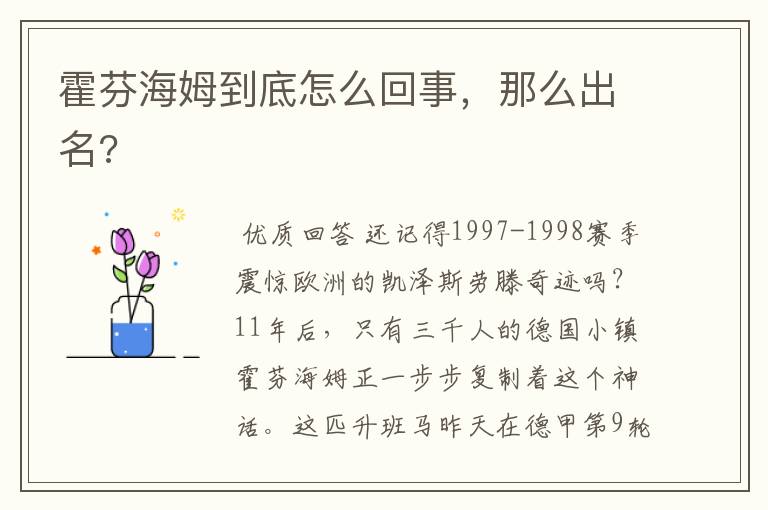 霍芬海姆到底怎么回事,那么出名?