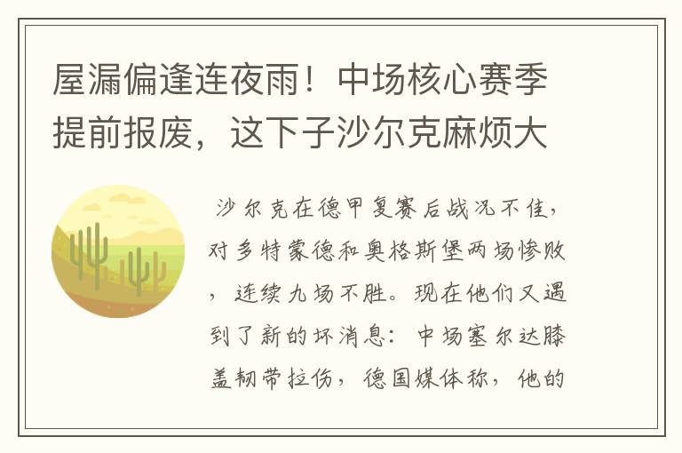 屋漏偏逢连夜雨!中场核心赛季提前报废,这下子沙尔克麻烦大了