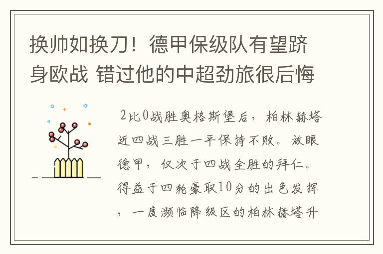 换帅如换刀!德甲保级队有望跻身欧战 错过他的中超劲旅很后悔