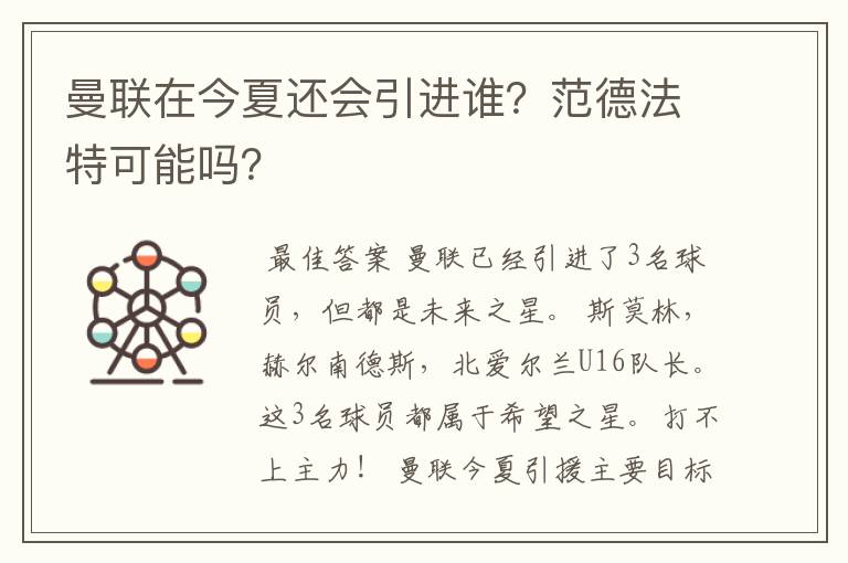 曼联在今夏还会引进谁?范德法特可能吗?