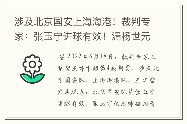 涉及北京国安上海海港!裁判专家:张玉宁进球有效!漏杨世元红牌