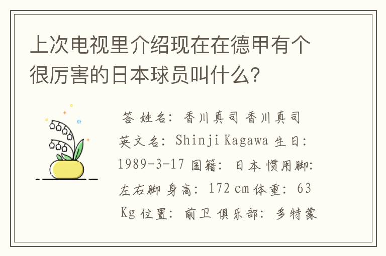 上次电视里介绍现在在德甲有个很厉害的日本球员叫什么?
