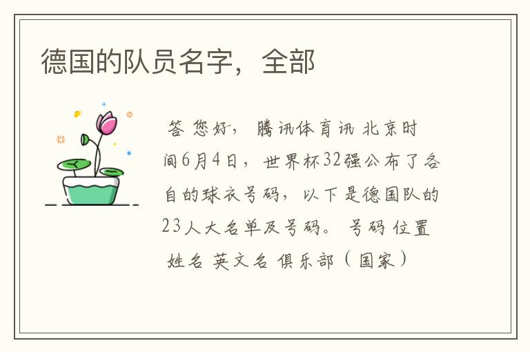 德国的队员名字,全部