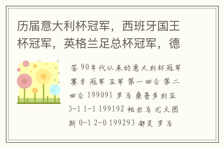 历届意大利杯冠军,西班牙国王杯冠军,英格兰足总杯冠军,德国杯冠军
