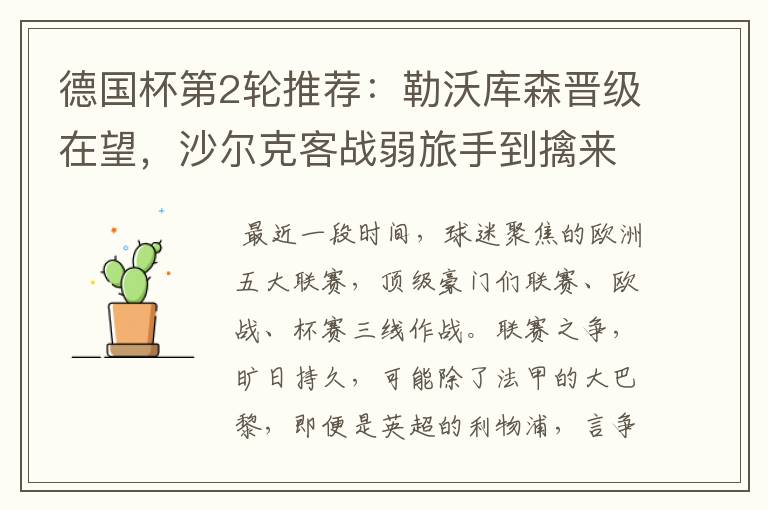 德国杯第2轮推荐:勒沃库森晋级在望,沙尔克客战弱旅手到擒来