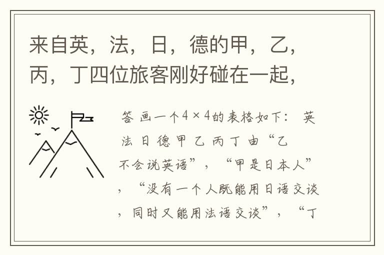 来自英,法,日,德的甲,乙,丙,丁四位旅客刚好碰在一起,他们除了懂中国语言外,每人还会说其它三国语