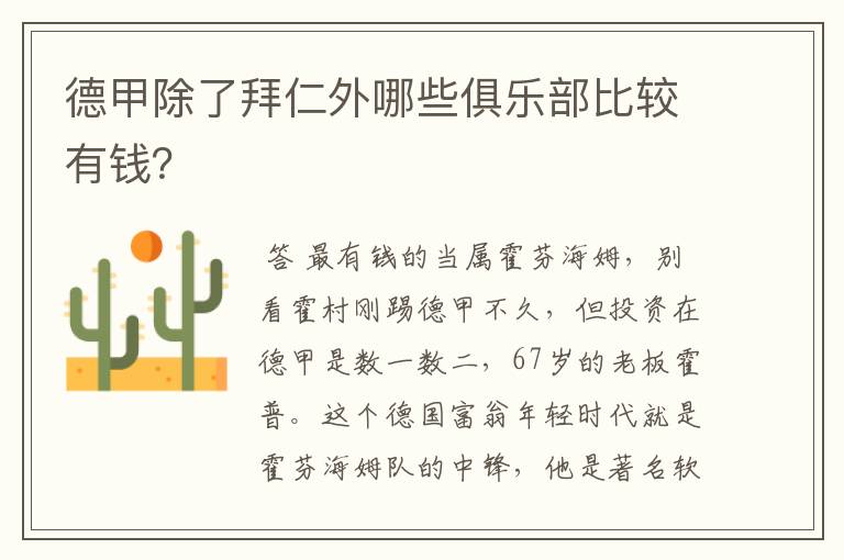 德甲除了拜仁外哪些俱乐部比较有钱?