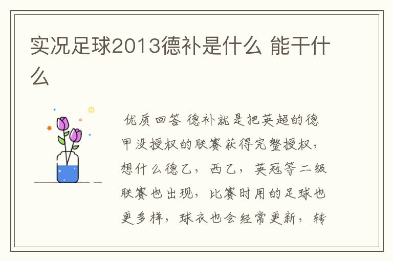 实况足球2013德补是什么 能干什么