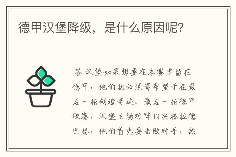 德甲汉堡降级,是什么原因呢?