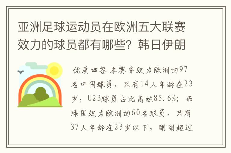 亚洲足球运动员在欧洲五大联赛效力的球员都有哪些?韩日伊朗 都是比较多吧!